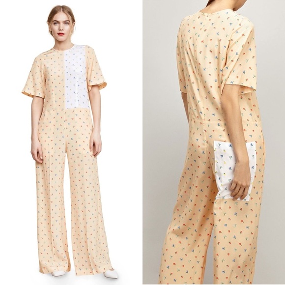 JOSEPH Silk Patchwork Colorblock Floral Print Short Sleeve Wide Leg Jumpsuit XS - Picture 3 of 9